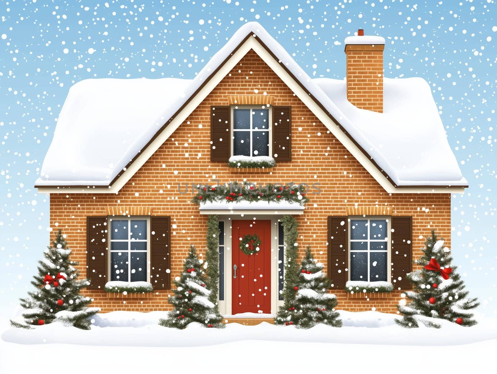 Festive winter scene of a cozy house with snow on the roof, holiday decorations, and pine trees in the front yard, surrounded by gentle snowfall.