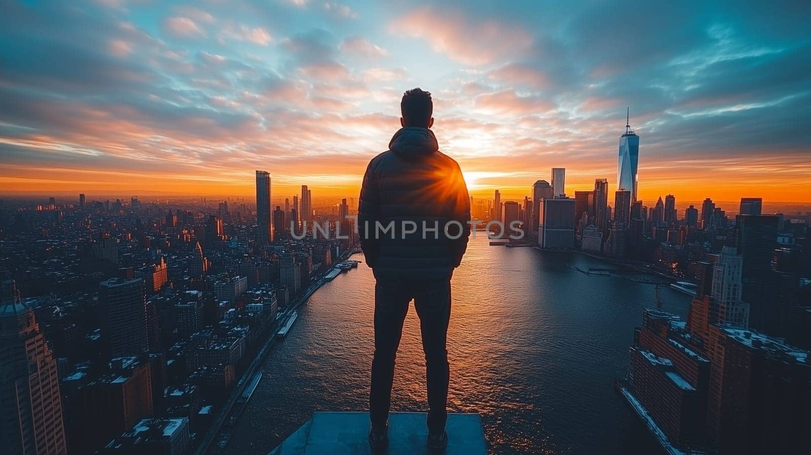 A man stands on a rooftop overlooking a city skyline during sunrise, capturing a sense of adventure, ambition, and urban exploration.