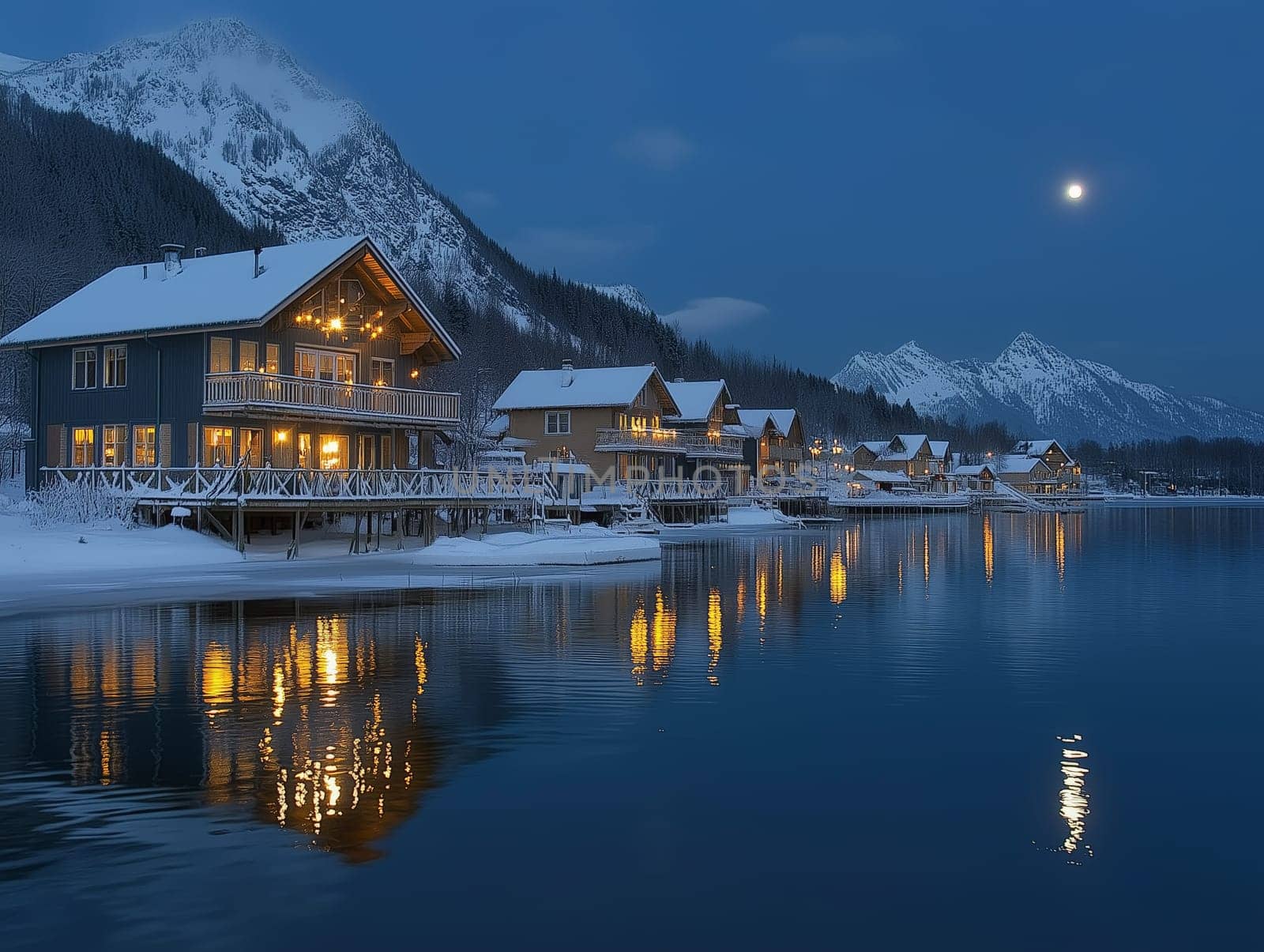 Cozy lakeside cabins illuminated at night with reflections on the water, surrounded by snow and mountains under a moonlit winter sky. Peaceful and scenic.