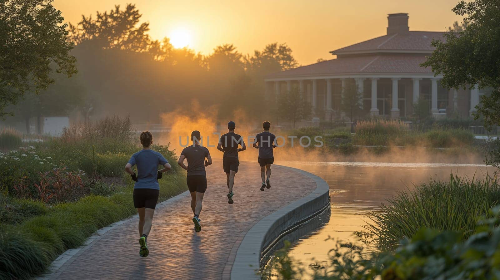 Joggers run through a sunlit park in autumn, with the city skyline in the background, capturing the energy and tranquility of an early morning workout.