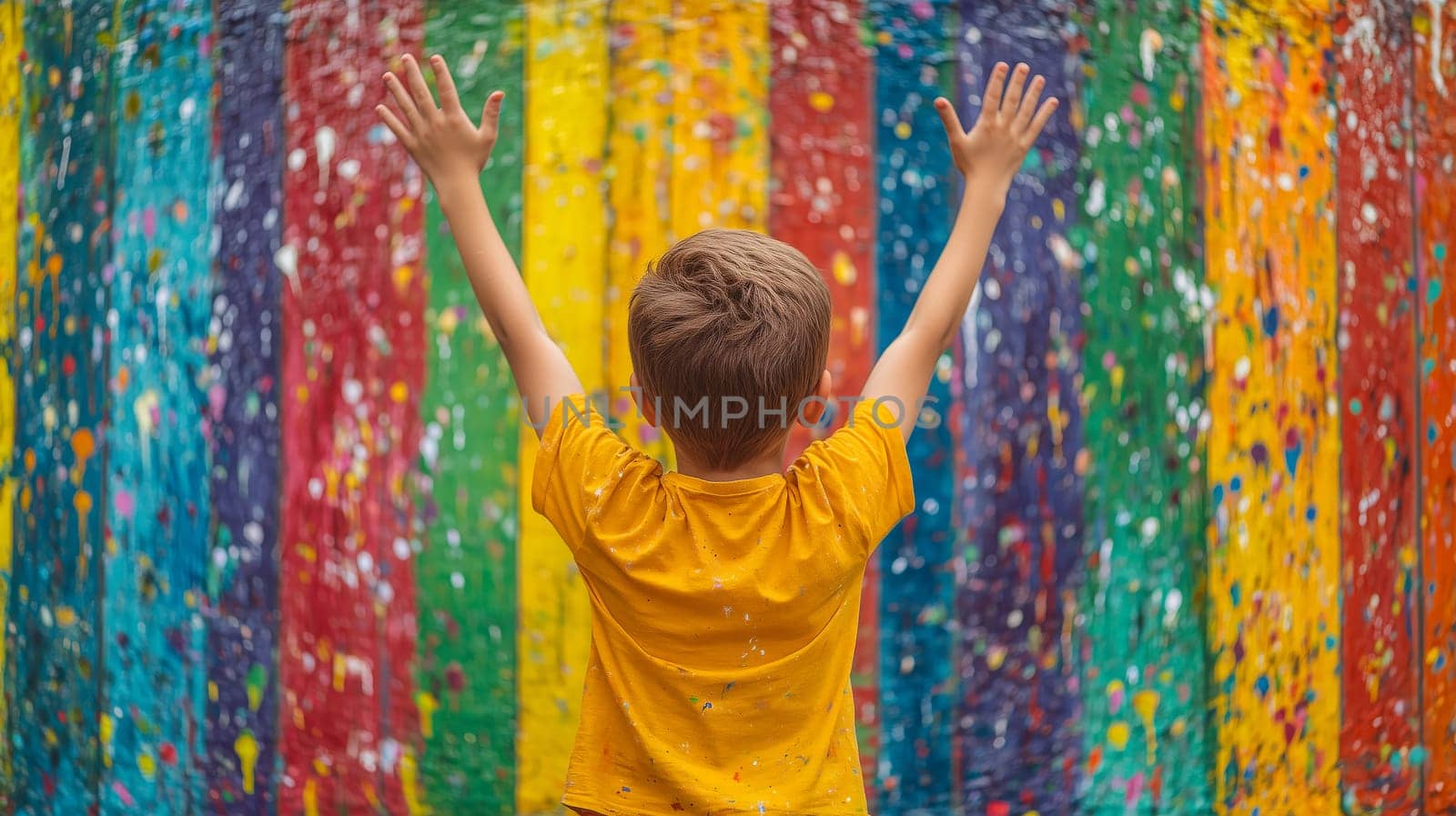 Back view of a child with raised arms facing a vibrant, multicolored paint-splattered wall, symbolizing creativity and joy.