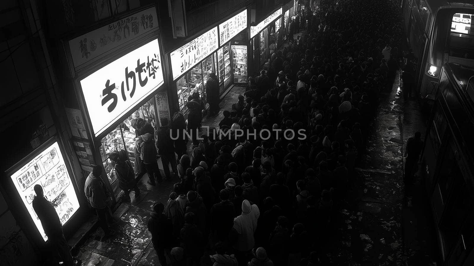A black-and-white photograph showing a large crowd gathered outside bright storefronts in a bustling street at night, creating a dramatic, noir atmosphere.