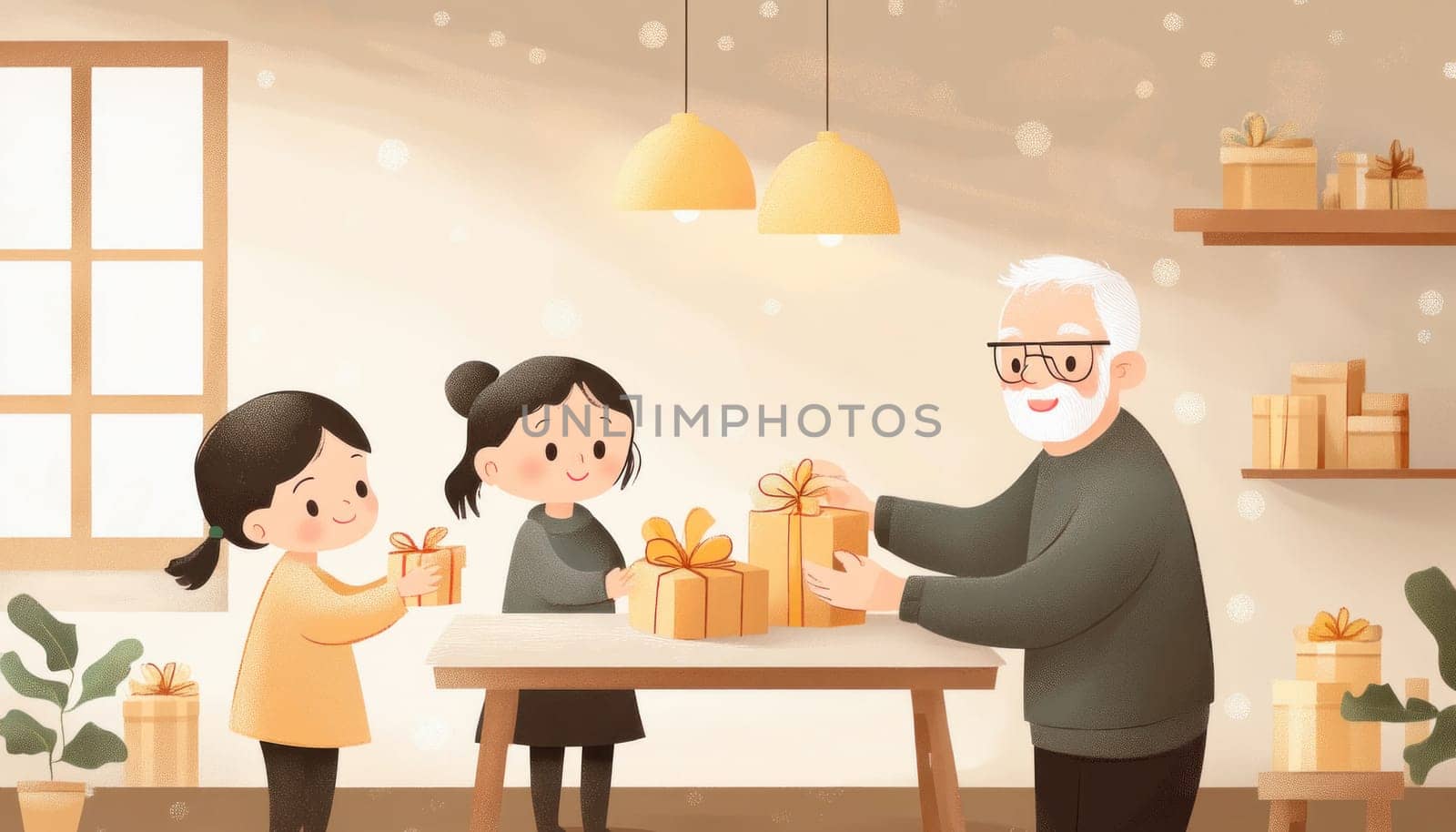Elderly man wrapping presents for his two granddaughters in a cozy, brightly lit living room, celebrating a special occasion