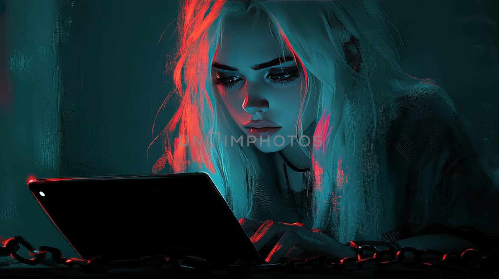 Young woman engrossed in a tablet, illuminated by neon light, creating a cyberpunk and solitary atmosphere. Themes of technology and digital life.