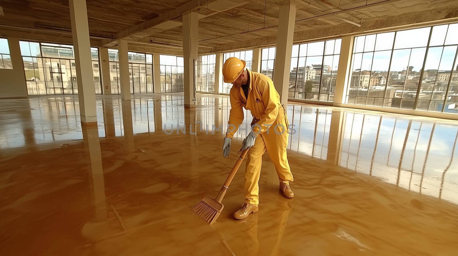 Worker in yellow uniform leveling a floor in an unfinished, sunlit industrial building.