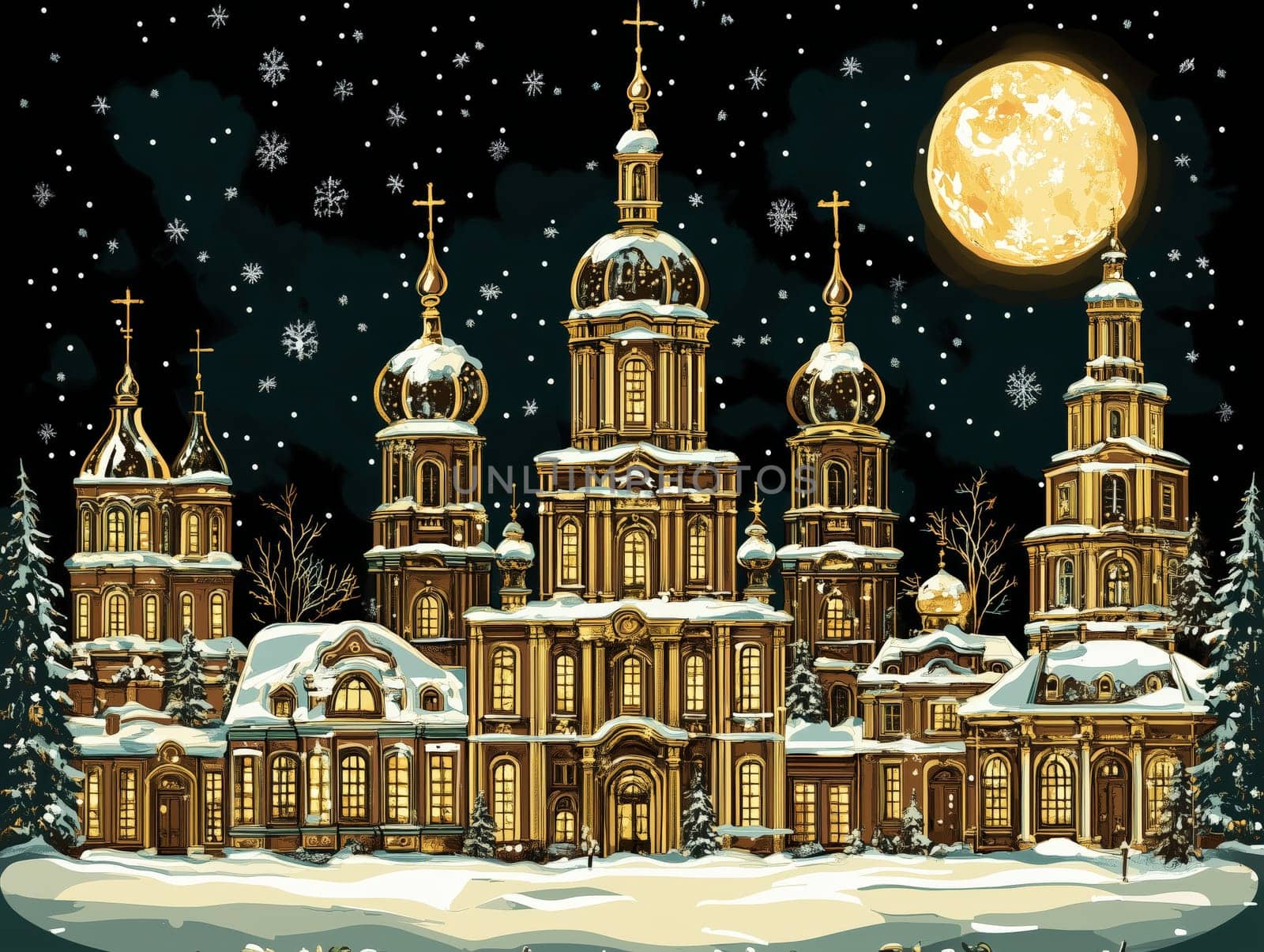 Majestic cathedral with snow-covered domes illuminated at night under a full moon, surrounded by falling snow. Winter holiday atmosphere.