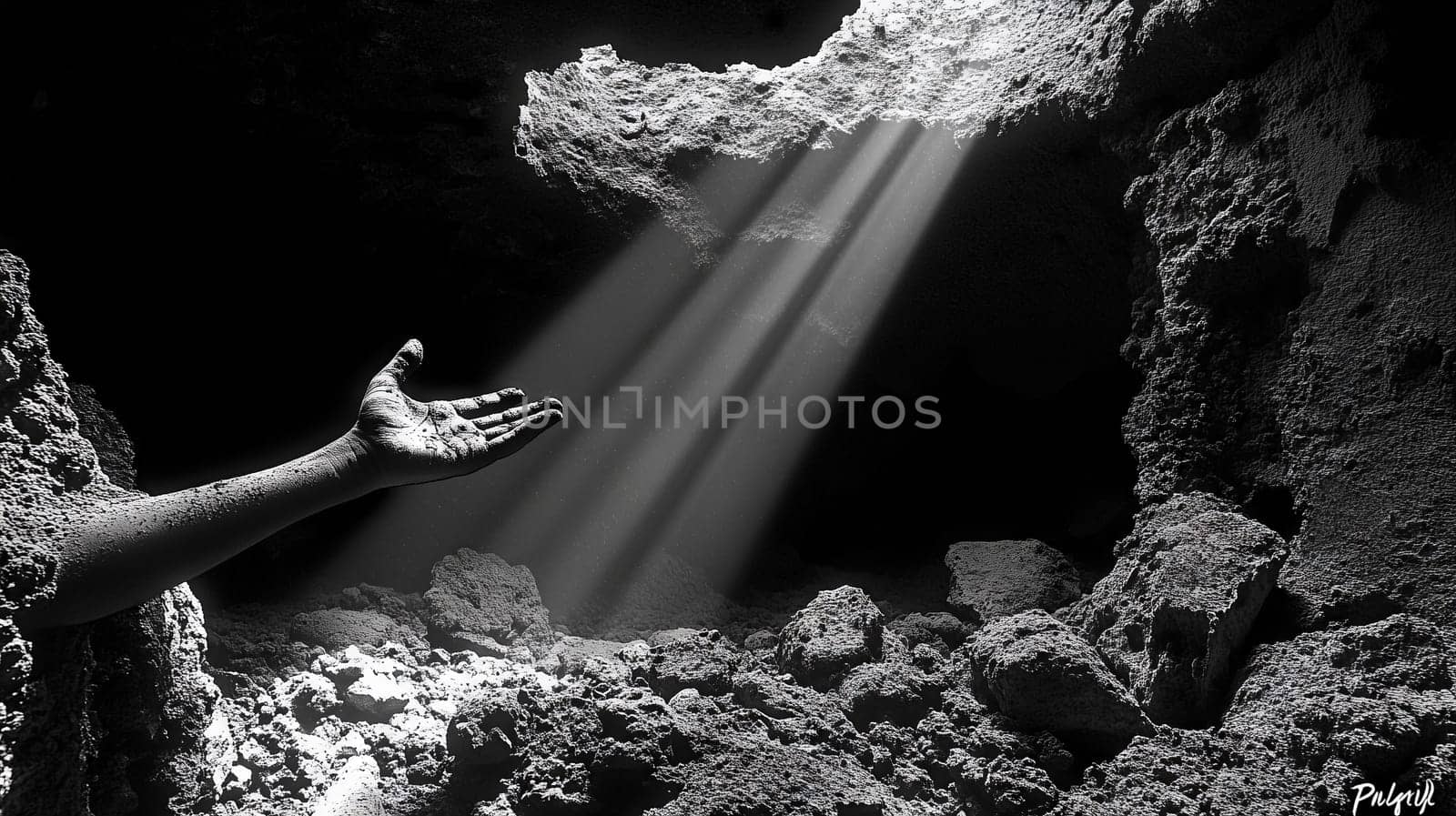 A single hand reaches toward beams of light breaking through a dark, rocky cave, symbolizing hope and resilience.
