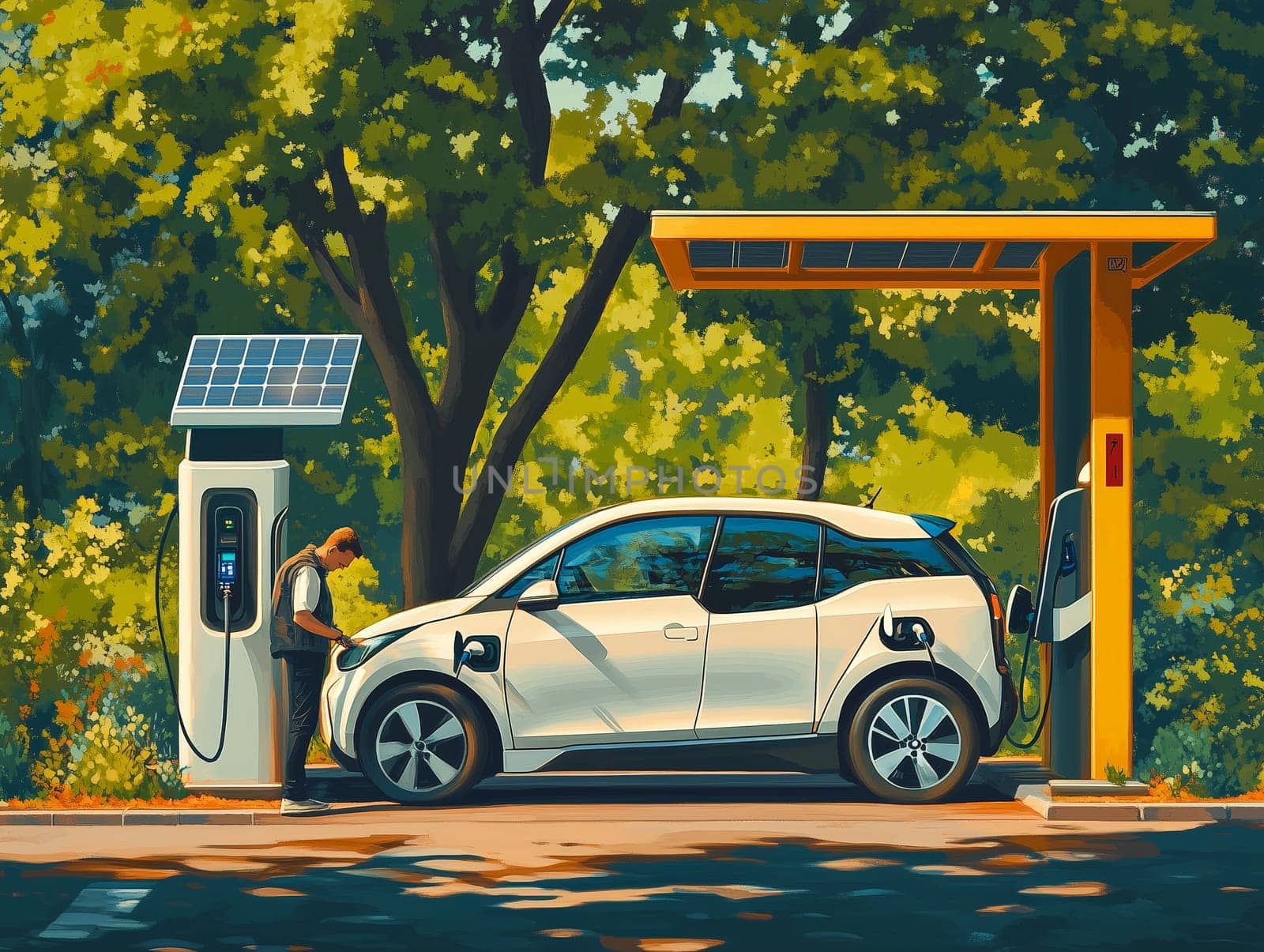 Illustration of an electric car charging at a solar-powered station surrounded by trees, symbolizing eco-friendly transportation in a natural environment.
