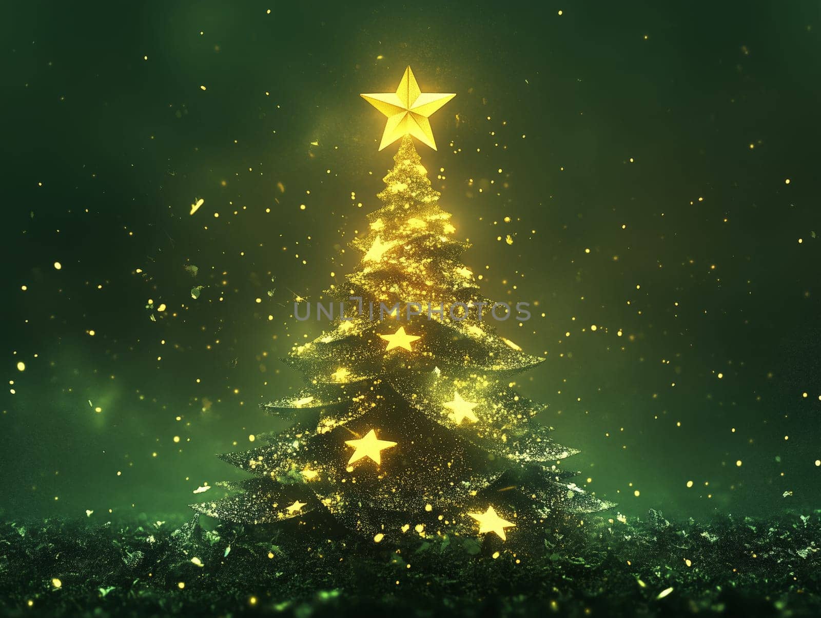 A creative Christmas tree formed by glowing star-shaped lights stacked in a pyramid shape, with a green background, creating a festive holiday ambiance.