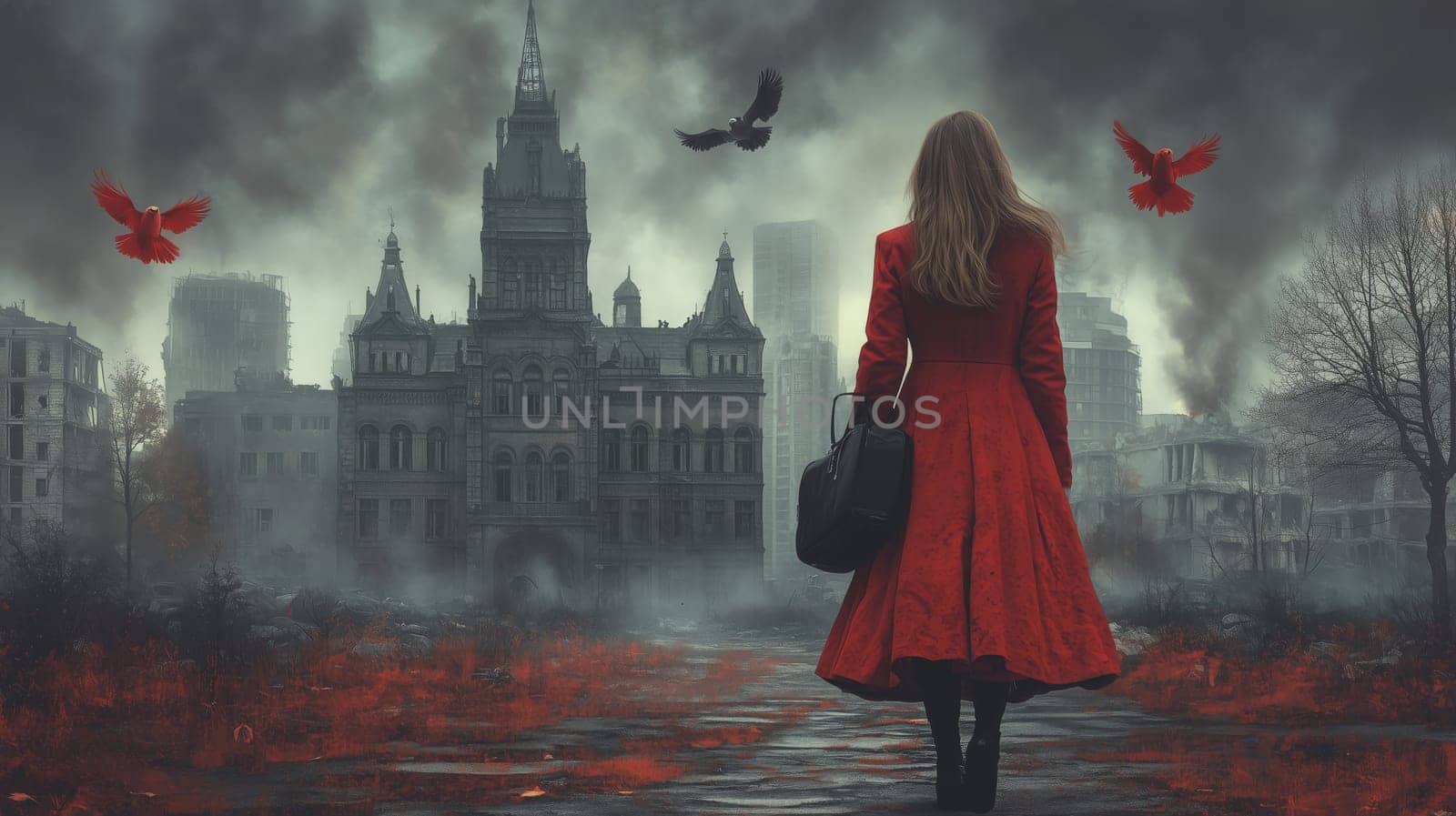 Dark, surreal image of a woman in a red coat walking toward a crumbling city under a stormy sky, with crows flying overhead, evoking mystery and desolation.