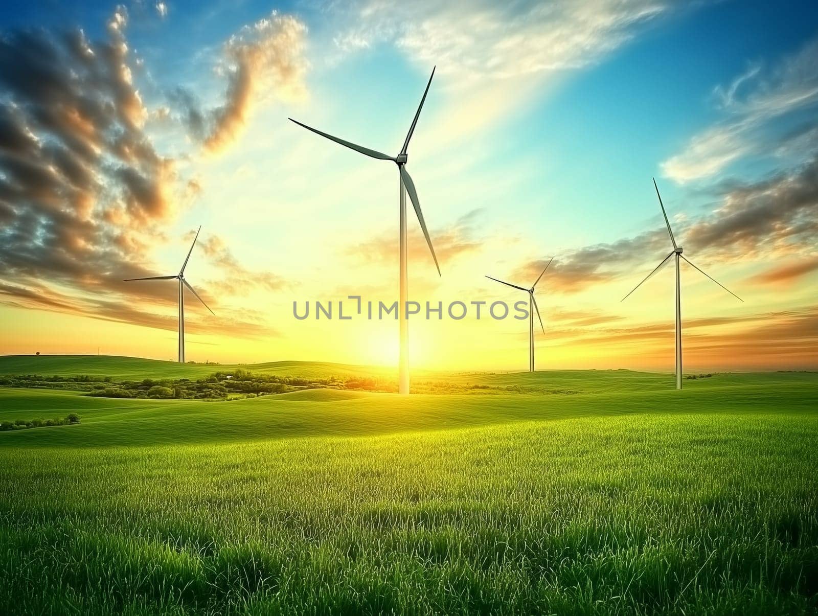 Photograph of wind turbines in a lush green field under a vibrant sky at sunrise, highlighting renewable energy and natural beauty. No people.