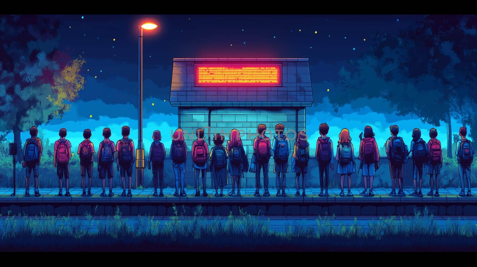 Stylized illustration of a group of individuals standing in line at a bus stop at night, illuminated by a streetlight, creating a serene, nostalgic atmosphere.