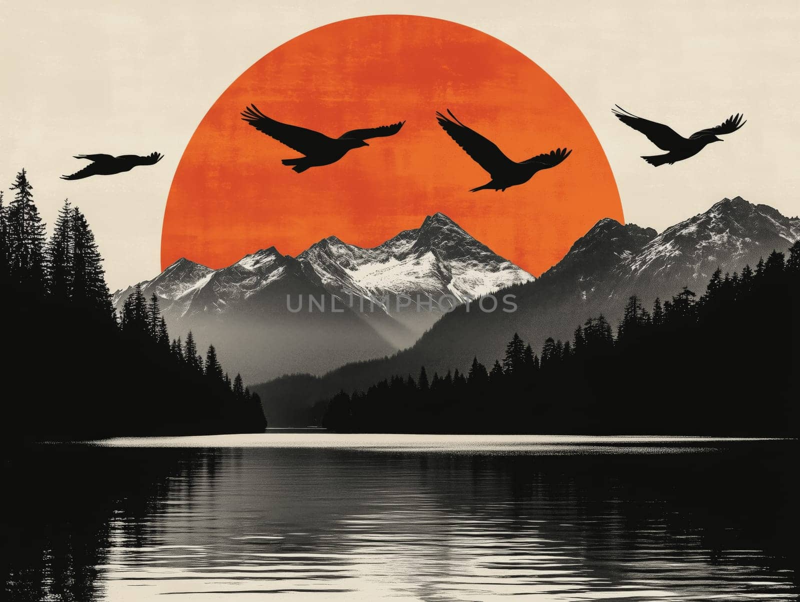 Artistic illustration of silhouetted birds flying over a calm lake with mountains and a large red sun in the background, evoking a tranquil, minimalist aesthetic.