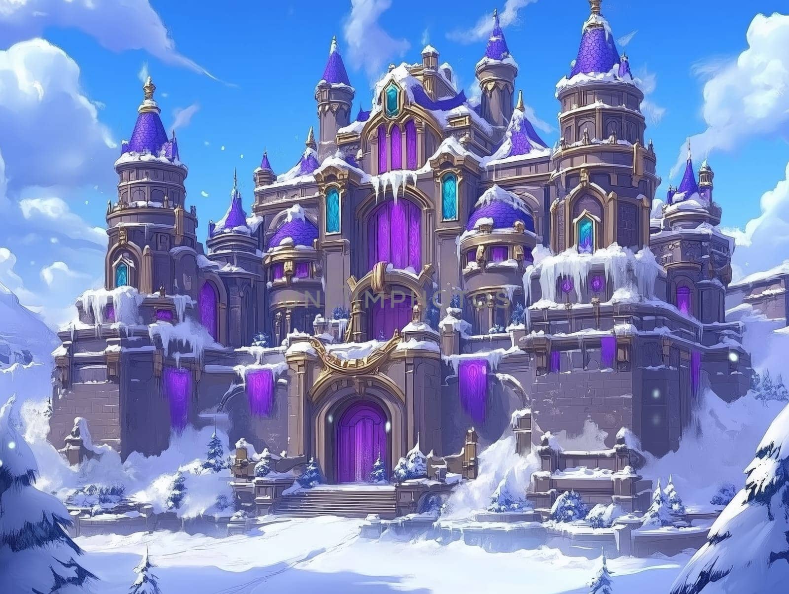 Grand, snow-covered fantasy castle adorned with vibrant purple accents and golden details, set in a winter landscape with blue skies and clouds.