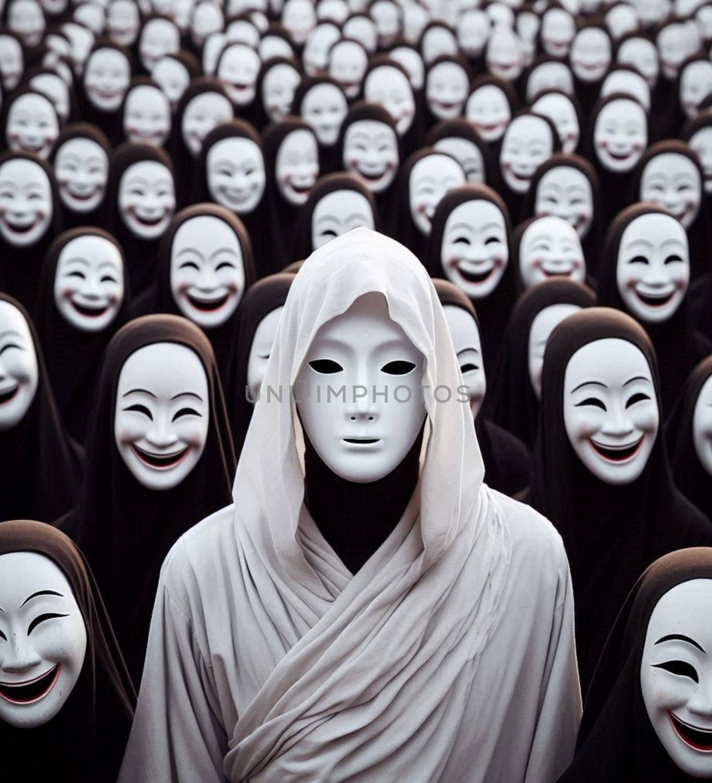 A person is wearing a white hooded mask and is surrounded by many other people wearing masks. Scene is eerie and mysterious, as the people are all wearing identical masks