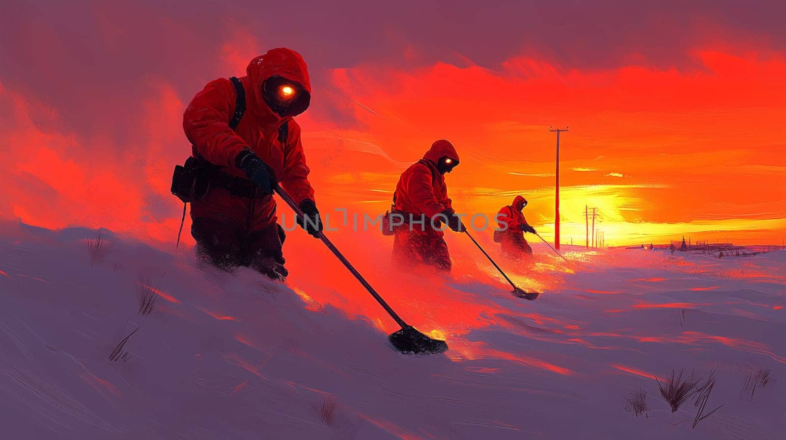 Three workers in red protective suits clear snow with specialized tools against a vibrant red-orange sunrise, emphasizing resilience in extreme conditions.