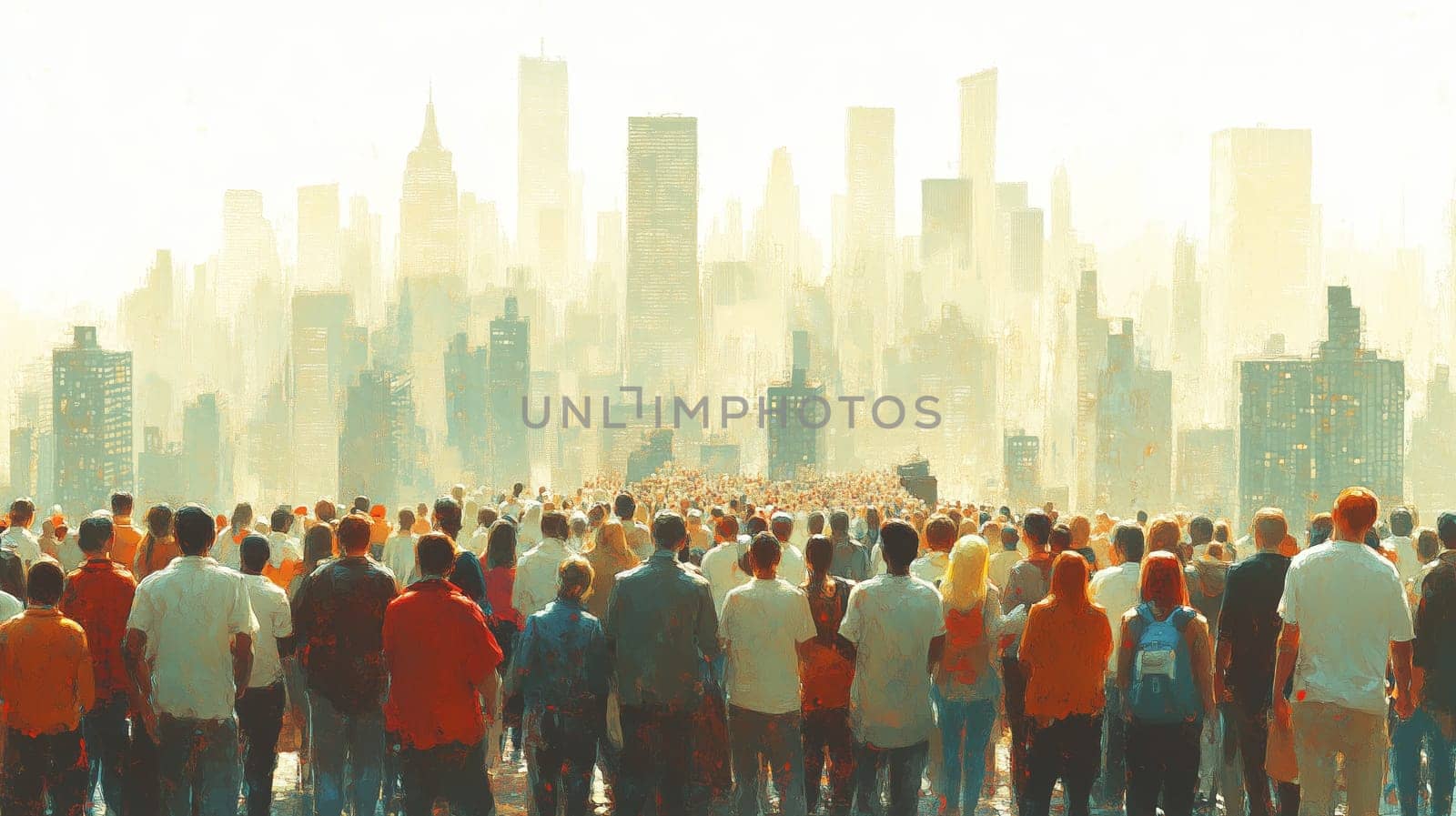 Back view of a diverse crowd gathered and facing a hazy urban skyline, evoking themes of community and urban life.