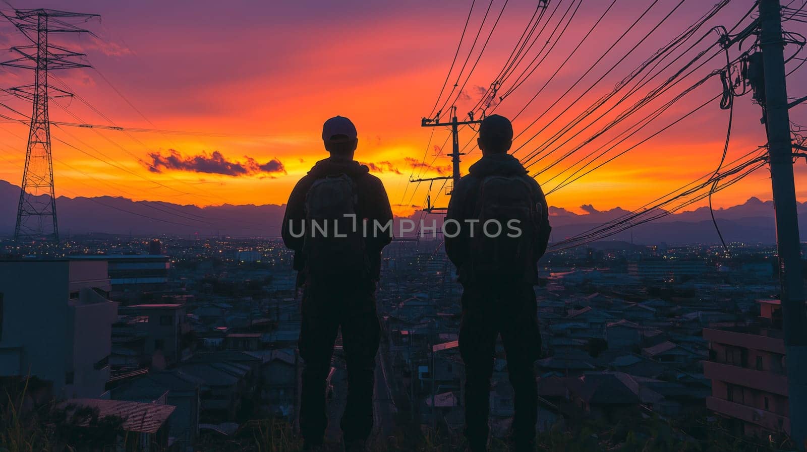 Silhouettes of two people standing on a hill, overlooking a cityscape at sunset, with vibrant orange and purple skies. Power lines add urban atmosphere to the scene.