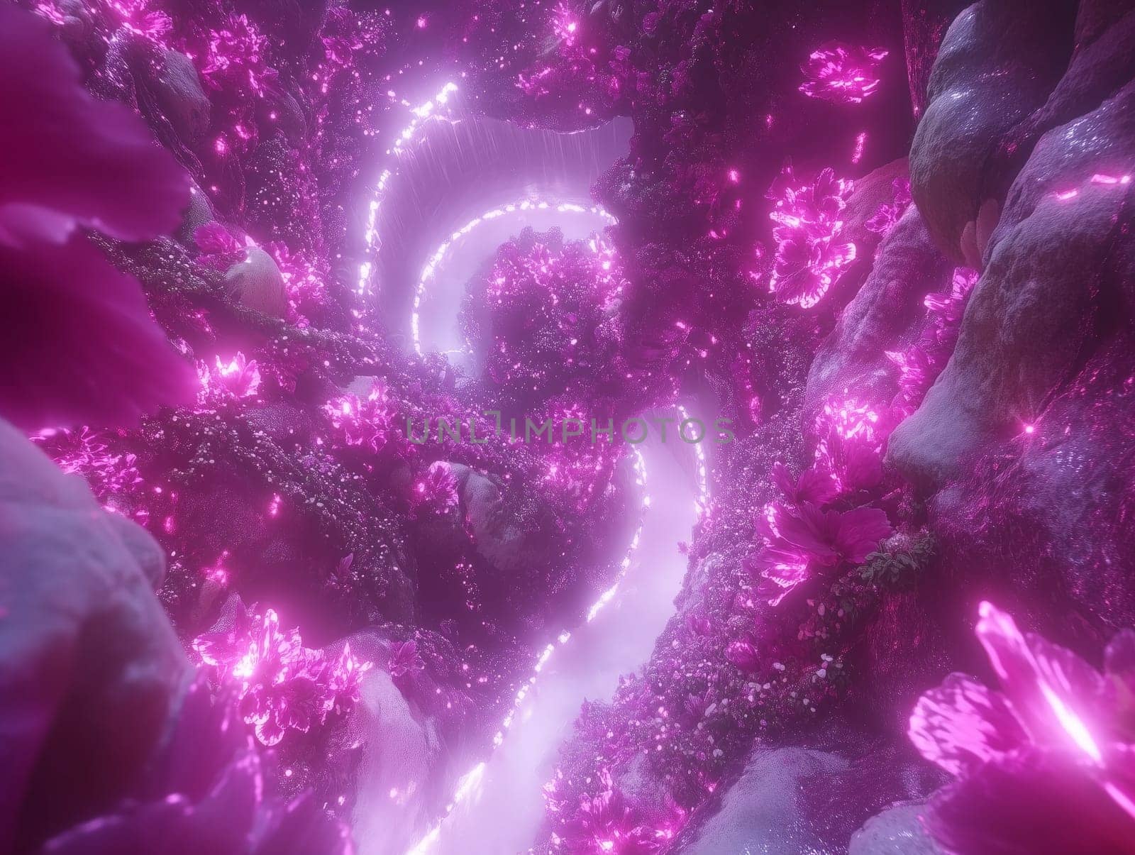 Surreal scene of a mystical cave filled with glowing neon pink crystals, creating a vibrant, otherworldly atmosphere with swirling light paths.
