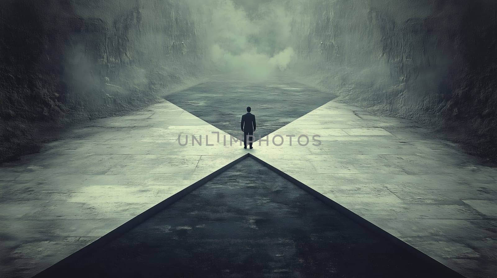 A lone person stands at a symbolic crossroads in a foggy, mysterious setting, evoking themes of decision-making, solitude, and contemplation.