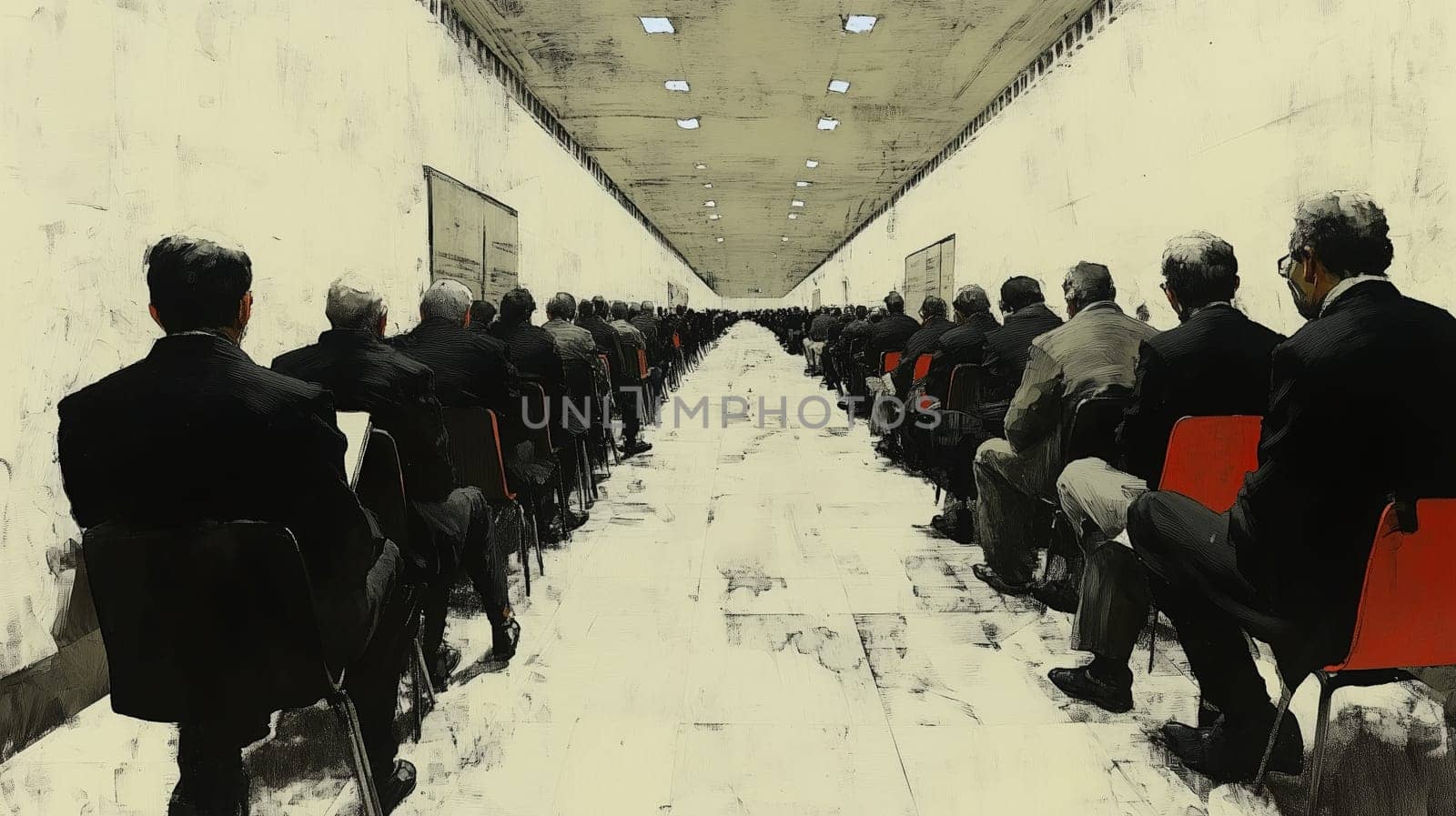 Surreal hallway with rows of men in suits seated in an industrial, minimalist setting, evoking themes of conformity and isolation.