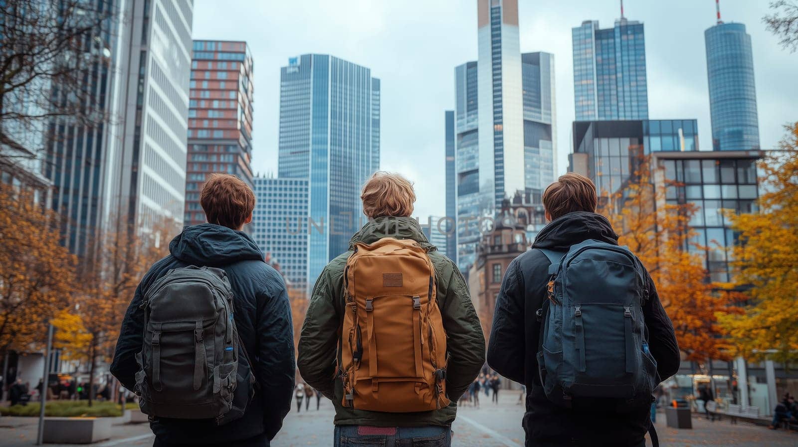 Three young individuals stand in front of modern skyscrapers with backpacks, showcasing urban exploration and city travel in a vibrant cityscape.