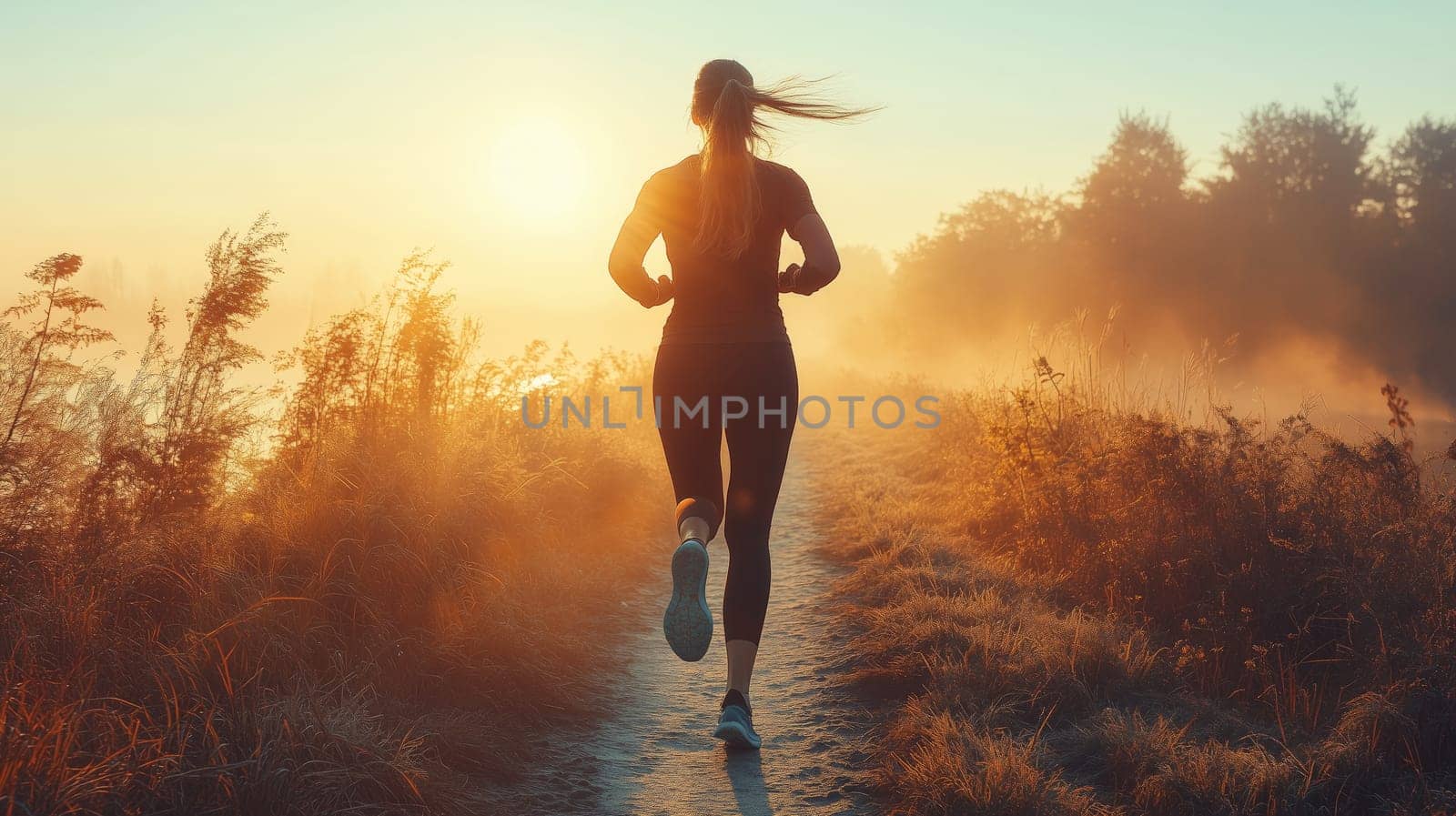 Joggers run through a sunlit park in autumn, with the city skyline in the background, capturing the energy and tranquility of an early morning workout.