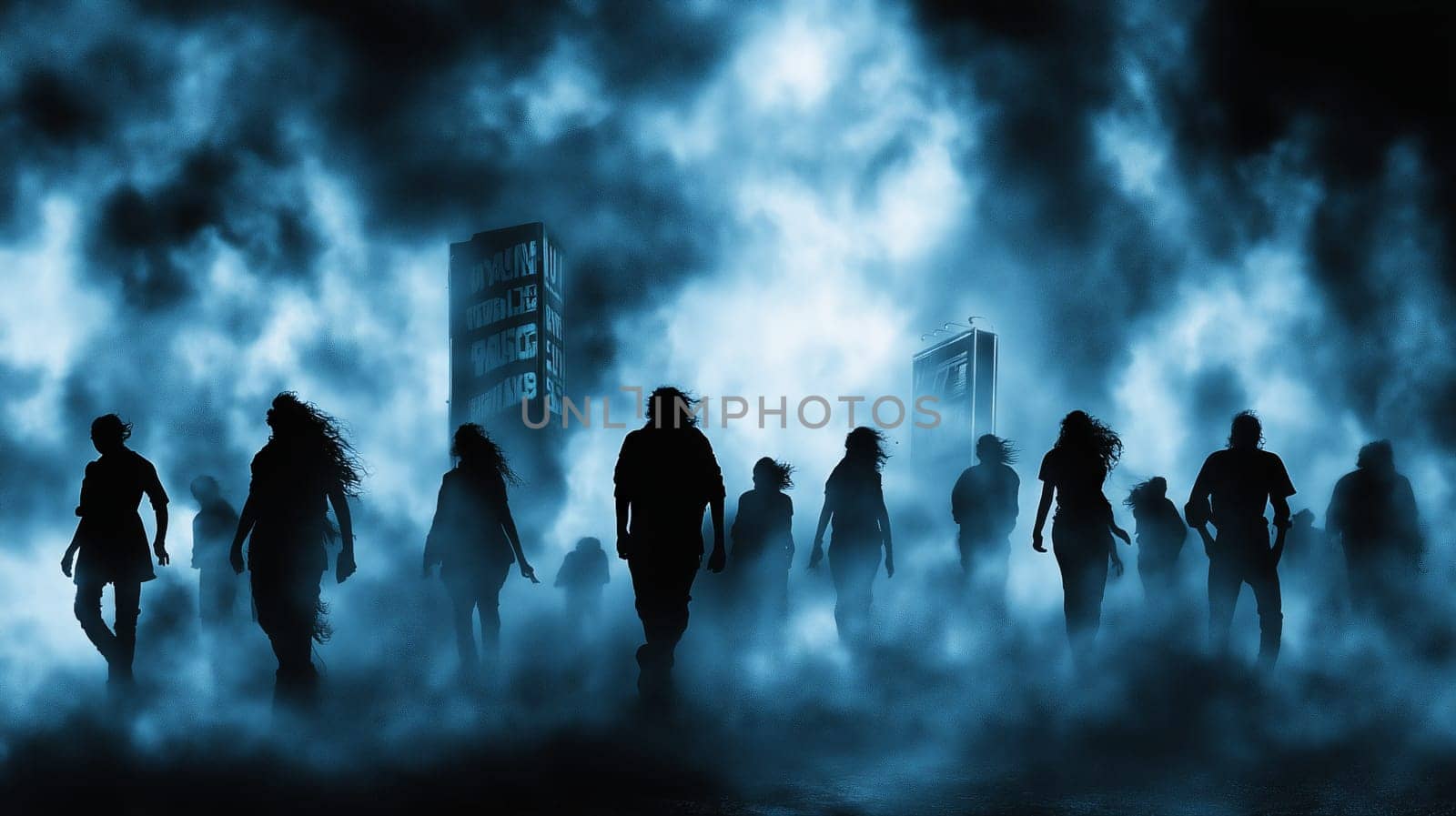 Dark and moody scene of silhouetted figures moving through a misty urban environment, creating an eerie and mysterious atmosphere.