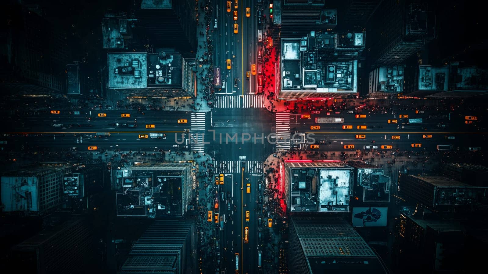 Top-down view of a bustling city intersection at night, illuminated by contrasting red and blue lights, highlighting the urban structure and movement.