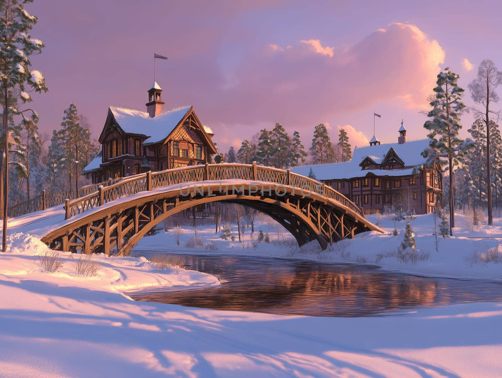 Charming winter scene featuring a snow-covered wooden bridge over a river with a cozy cabin in the background, surrounded by pine trees at sunset.