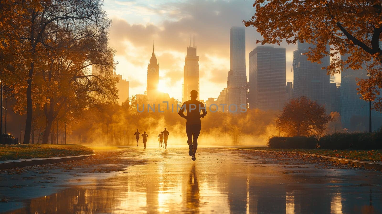 Joggers run through a sunlit park in autumn, with the city skyline in the background, capturing the energy and tranquility of an early morning workout.