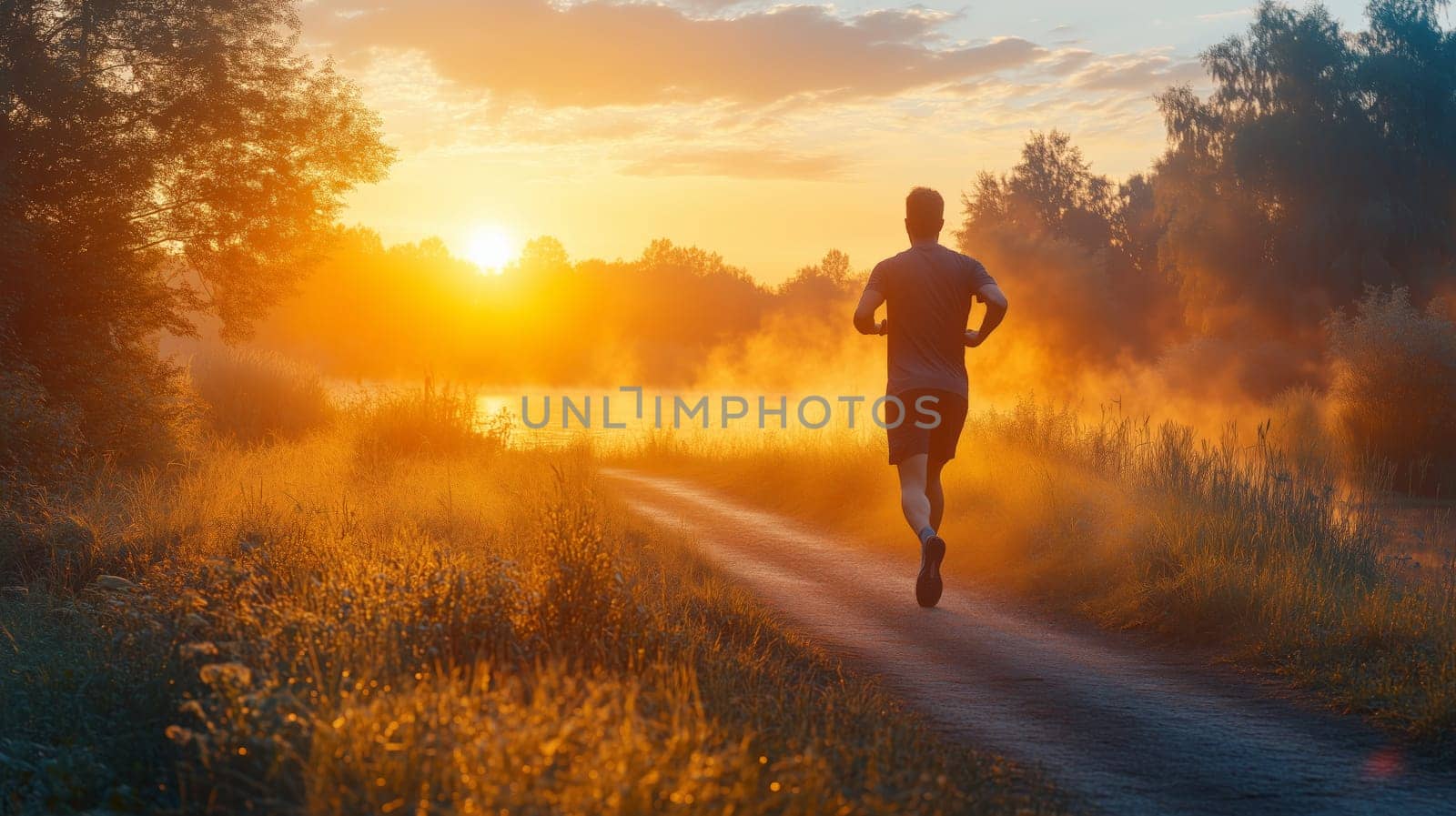 Joggers run through a sunlit park in autumn, with the city skyline in the background, capturing the energy and tranquility of an early morning workout.