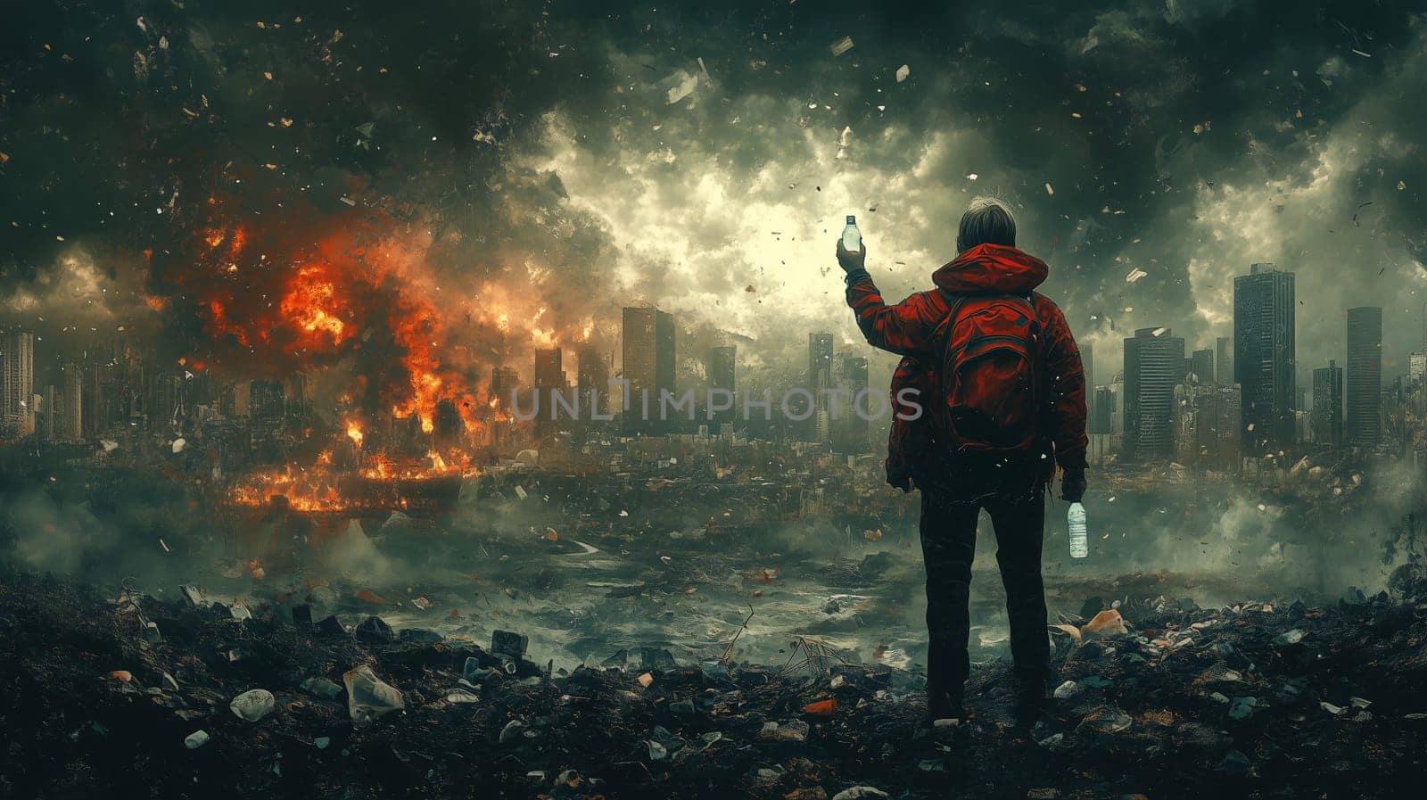 A person in a red jacket stands amidst ruins, holding a water bottle, facing a distant burning city, symbolizing survival, resilience, and environmental catastrophe.