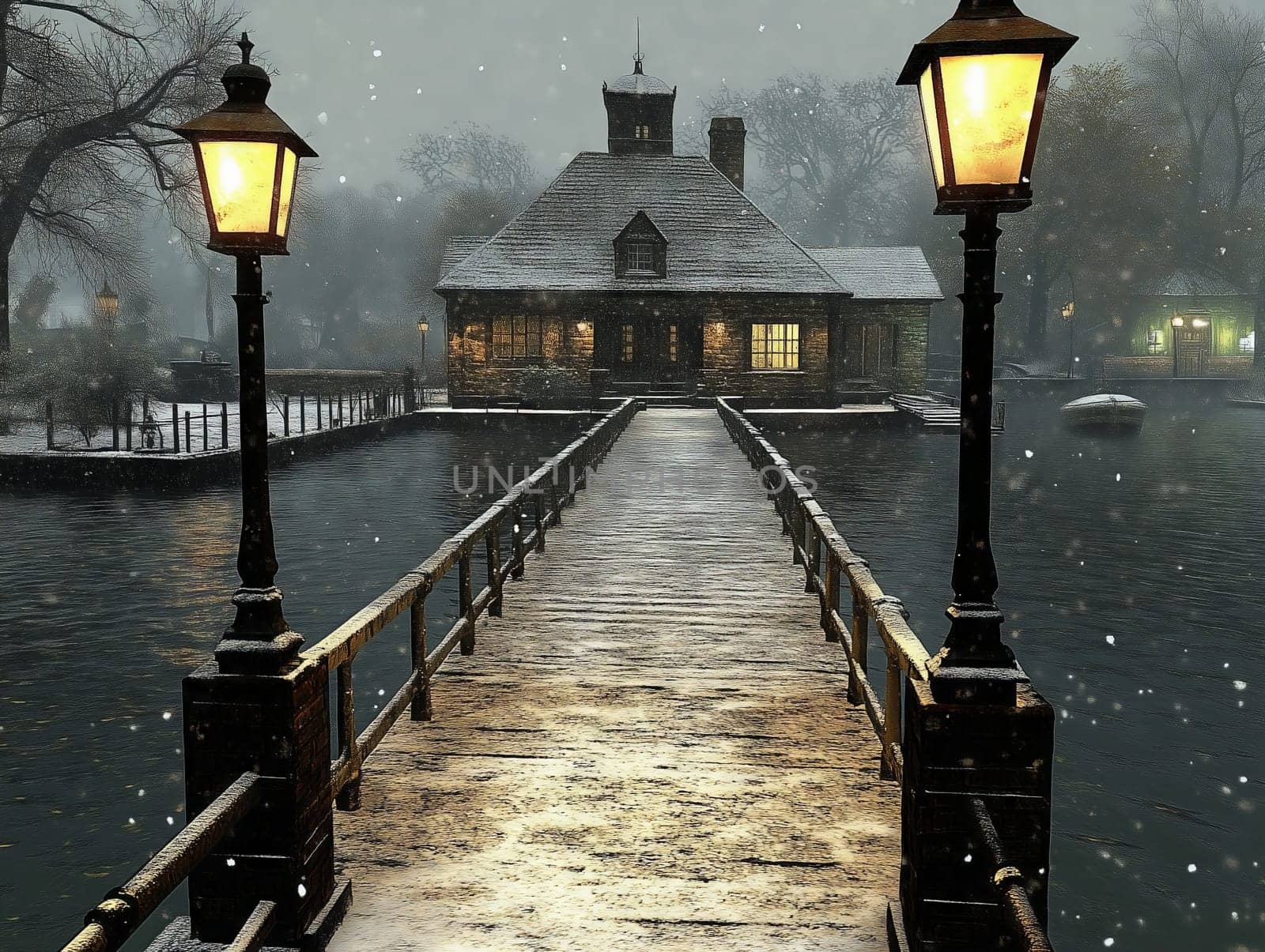 Atmospheric winter scene of a snowy pier illuminated by vintage lamps, leading to a cozy cabin with warm lights, surrounded by gentle snowfall.