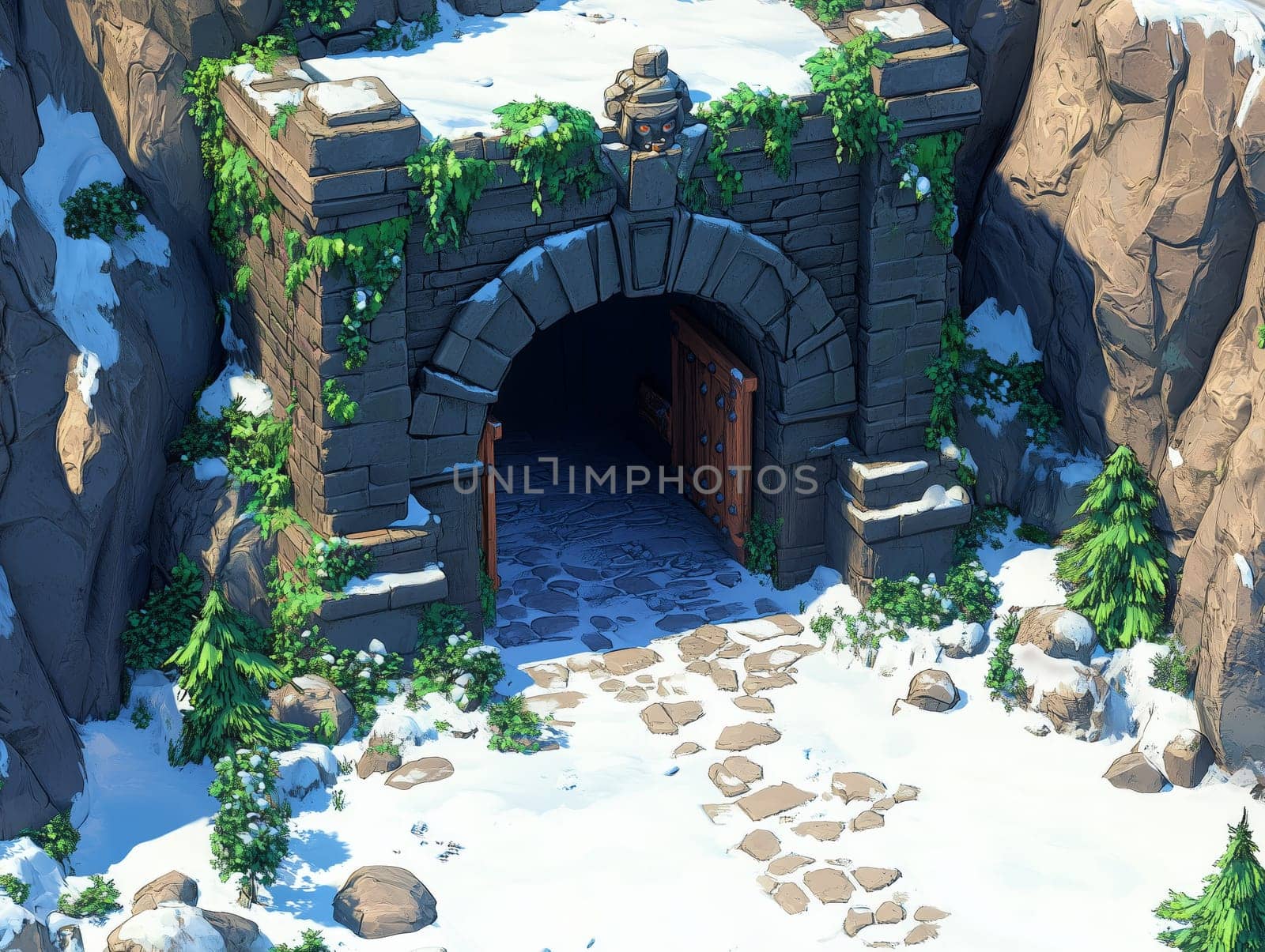 Ancient stone entrance partially covered in snow and vines, with open wooden doors leading into darkness, creating a sense of mystery and adventure.