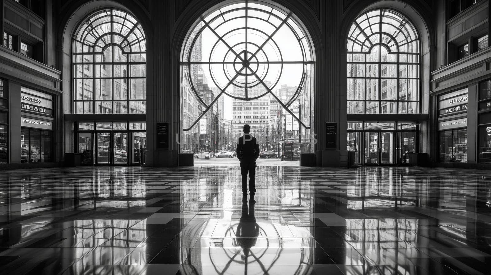 Lone silhouette in a spacious atrium with arched windows, reflections, and geometric patterns.