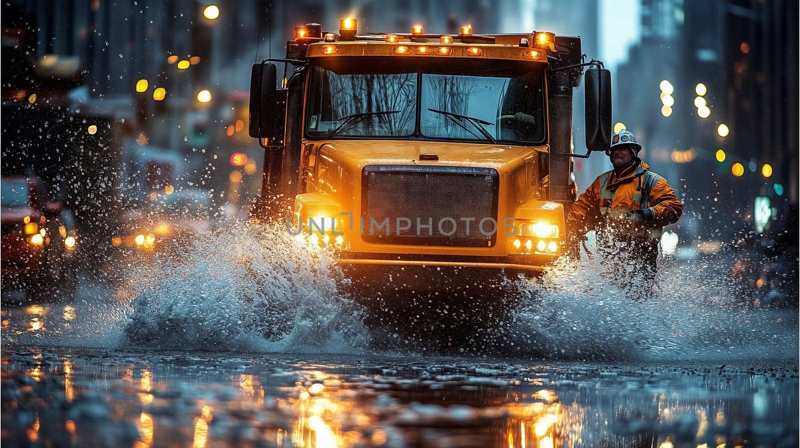 Yellow utility truck splashes through flooded street in a city, illuminated by streetlights, with a worker in rain gear.