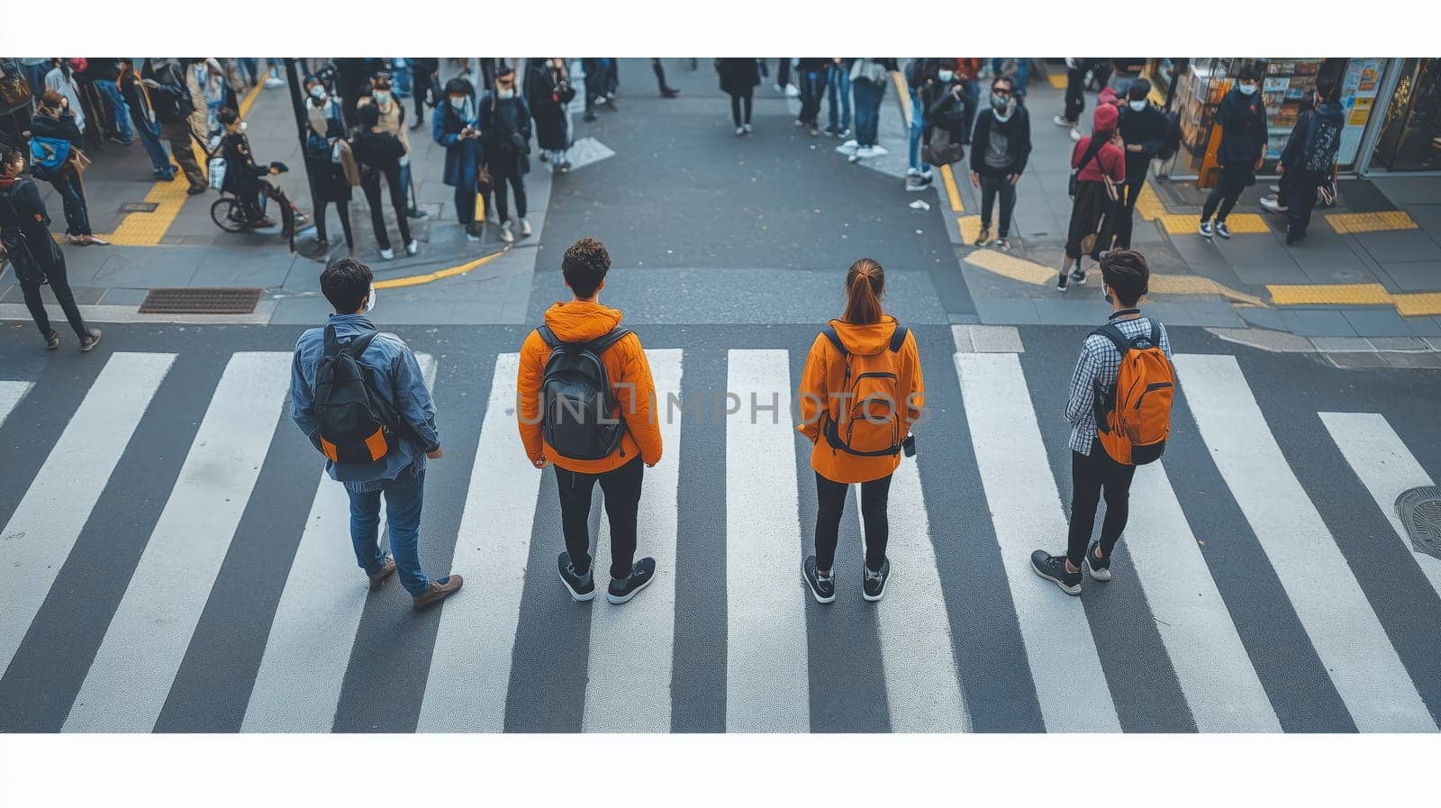 Four individuals, each with backpacks, wait at a crosswalk in an urban setting, capturing a moment of anticipation and movement in city life.