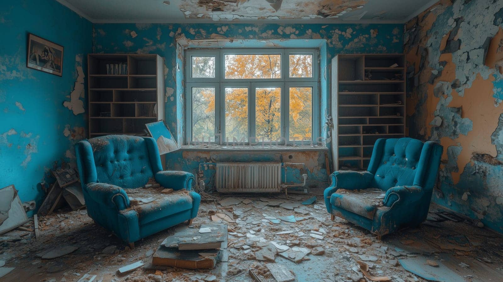 An abandoned room with decaying walls, scattered debris, and two vintage armchairs facing a window. The atmosphere is hauntingly nostalgic.