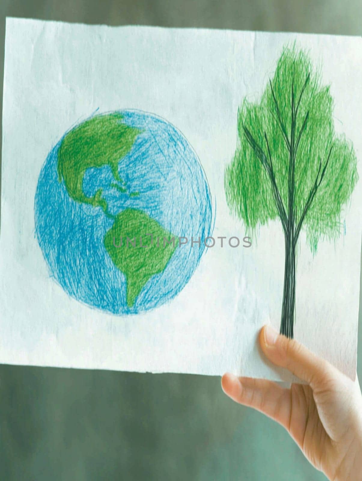 Child is holding a drawing of planet earth and a tree, symbolizing the importance of environmental protection for a sustainable future