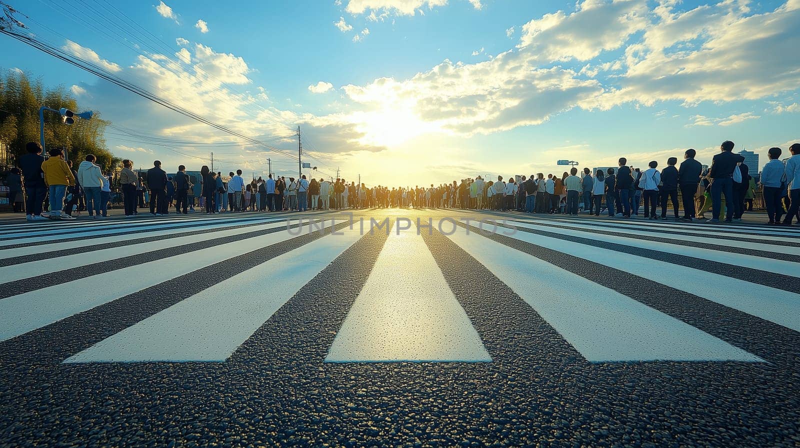 A low-angle view of a crowd standing at a crosswalk, silhouetted against a glowing sunset sky, emphasizing unity and anticipation.