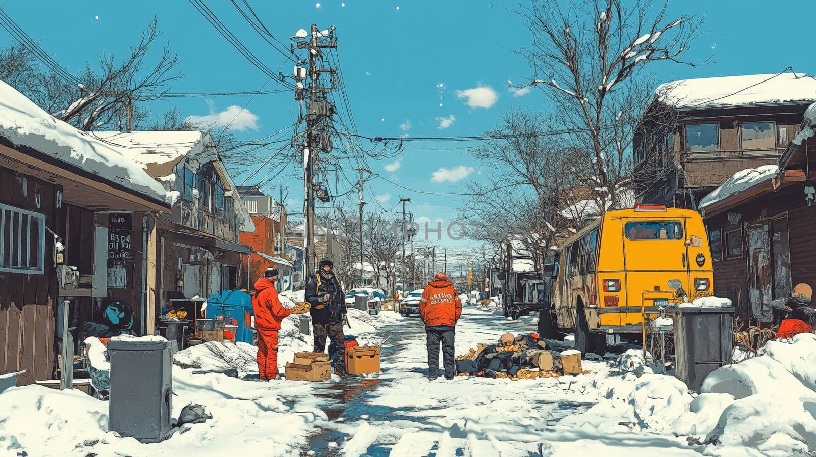 A lively winter village scene with people engaged in daily activities on a snowy street, featuring a bright yellow bus under a clear blue sky