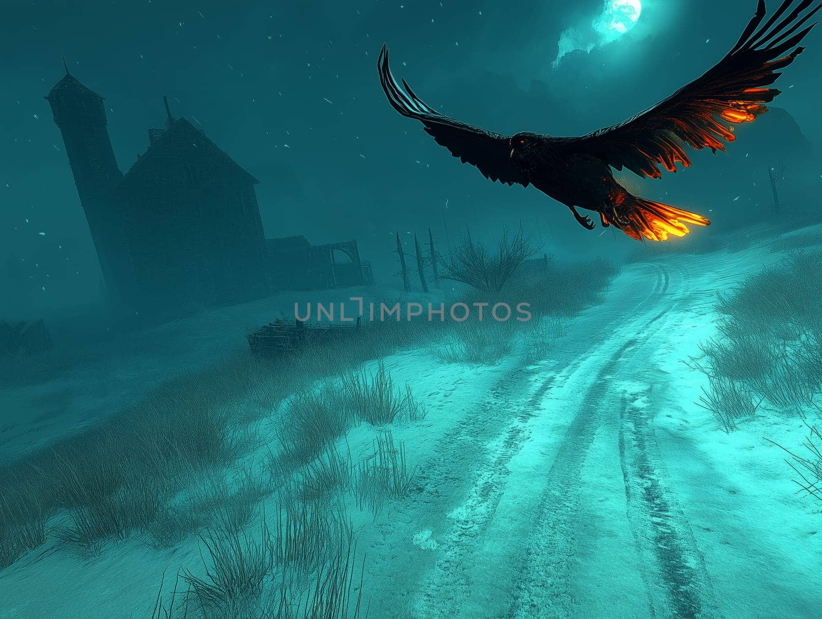 Dark, atmospheric scene of a raven flying over a snowy path with glowing wings, a silhouette of an old building in the background, and a full moon illuminating the sky.