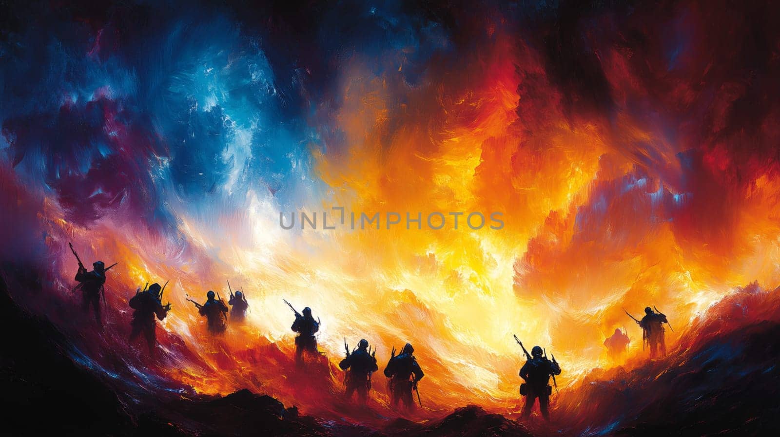 Group of soldiers silhouetted against a vibrant, apocalyptic sky filled with fiery colors, evoking intensity and battle.