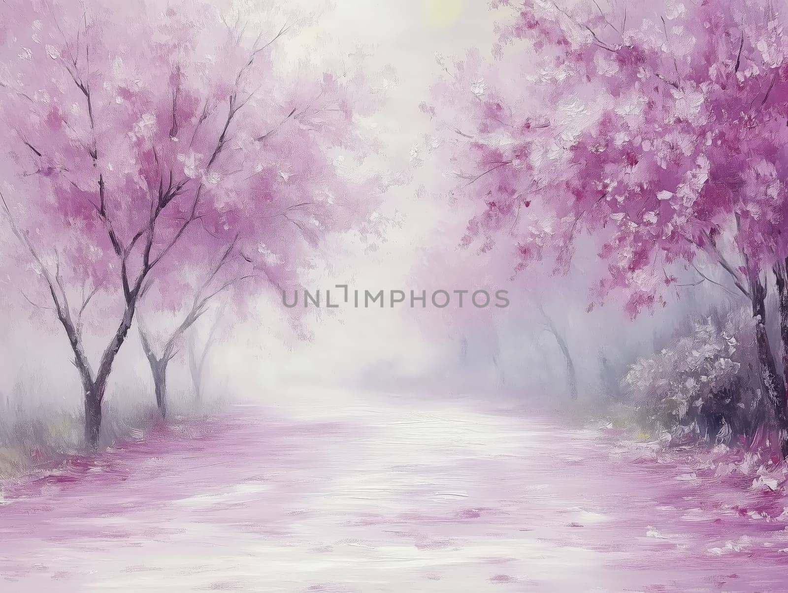 Serene illustration of a path bordered by pink cherry blossoms in a misty, pastel-toned landscape, evoking tranquility and natural beauty. No people.
