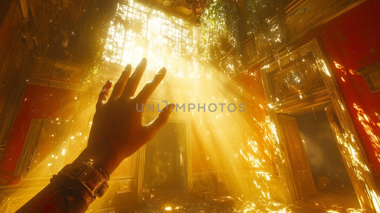Outstretched hand reaches toward intense, golden sunlight streaming through an ancient, weathered structure, symbolizing awe and discovery.