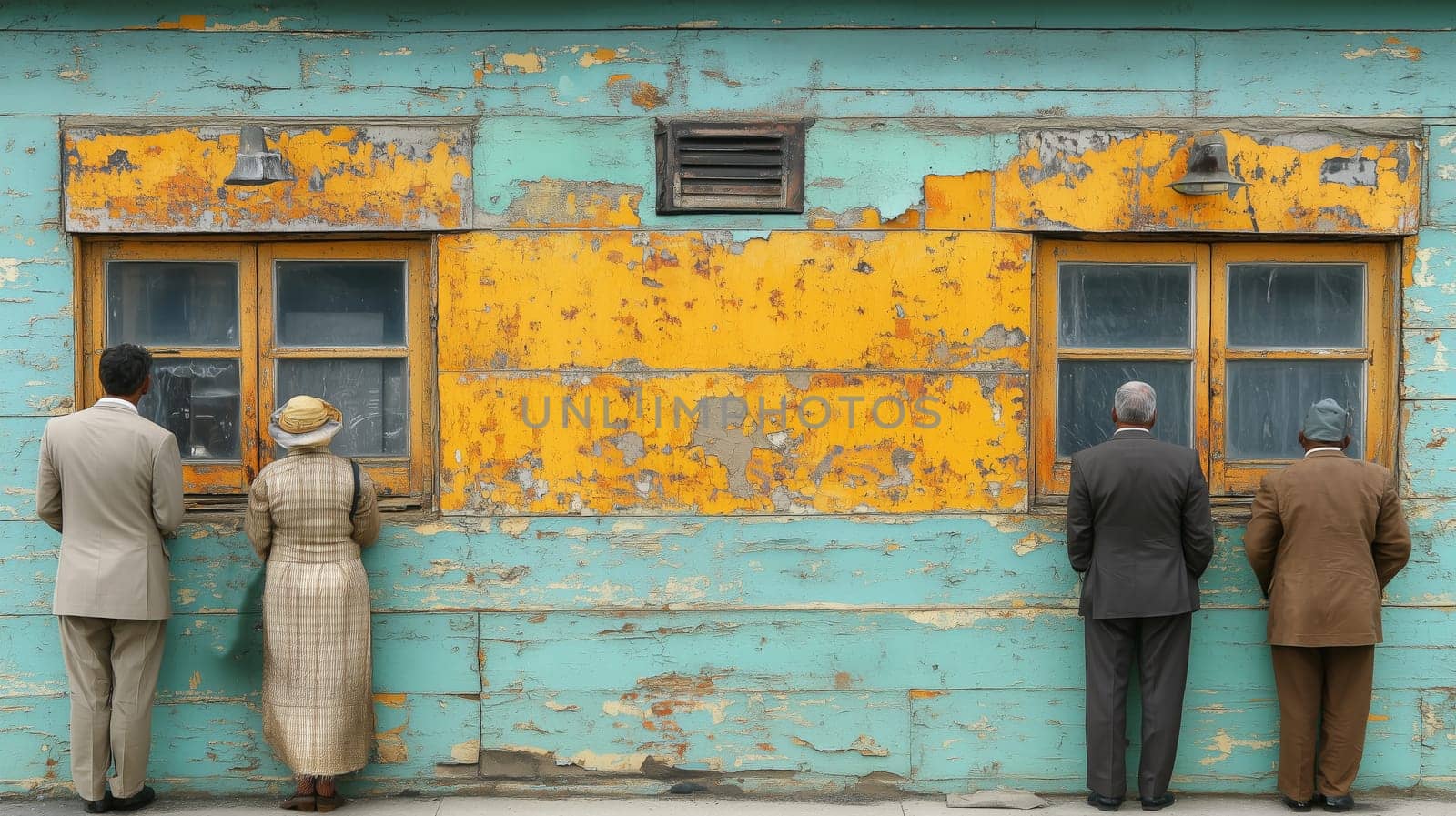 Four individuals in vintage attire stand facing the windows of a weathered building with peeling turquoise and yellow paint, evoking a nostalgic atmosphere.