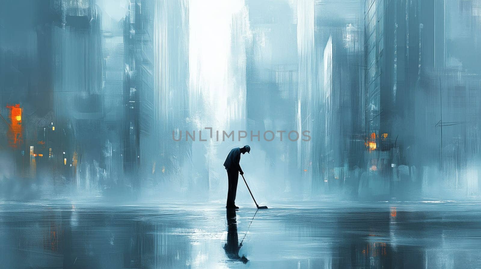 Lone person searching with a metal detector in a foggy cityscape, evoking solitude and mystery.