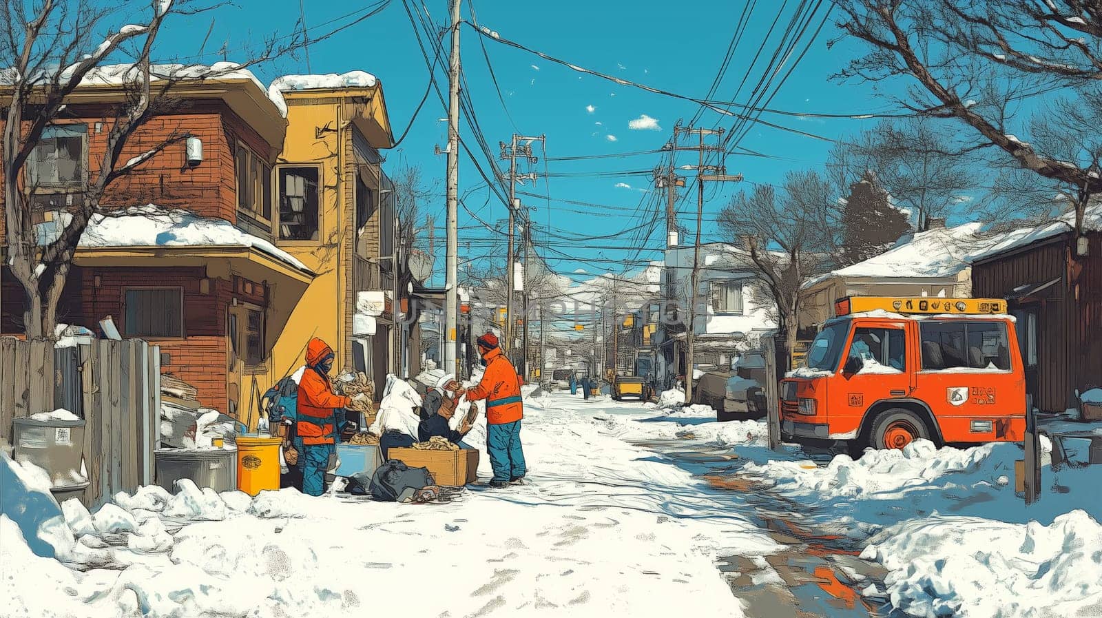 A lively winter village scene with people engaged in daily activities on a snowy street, featuring a bright yellow bus under a clear blue sky