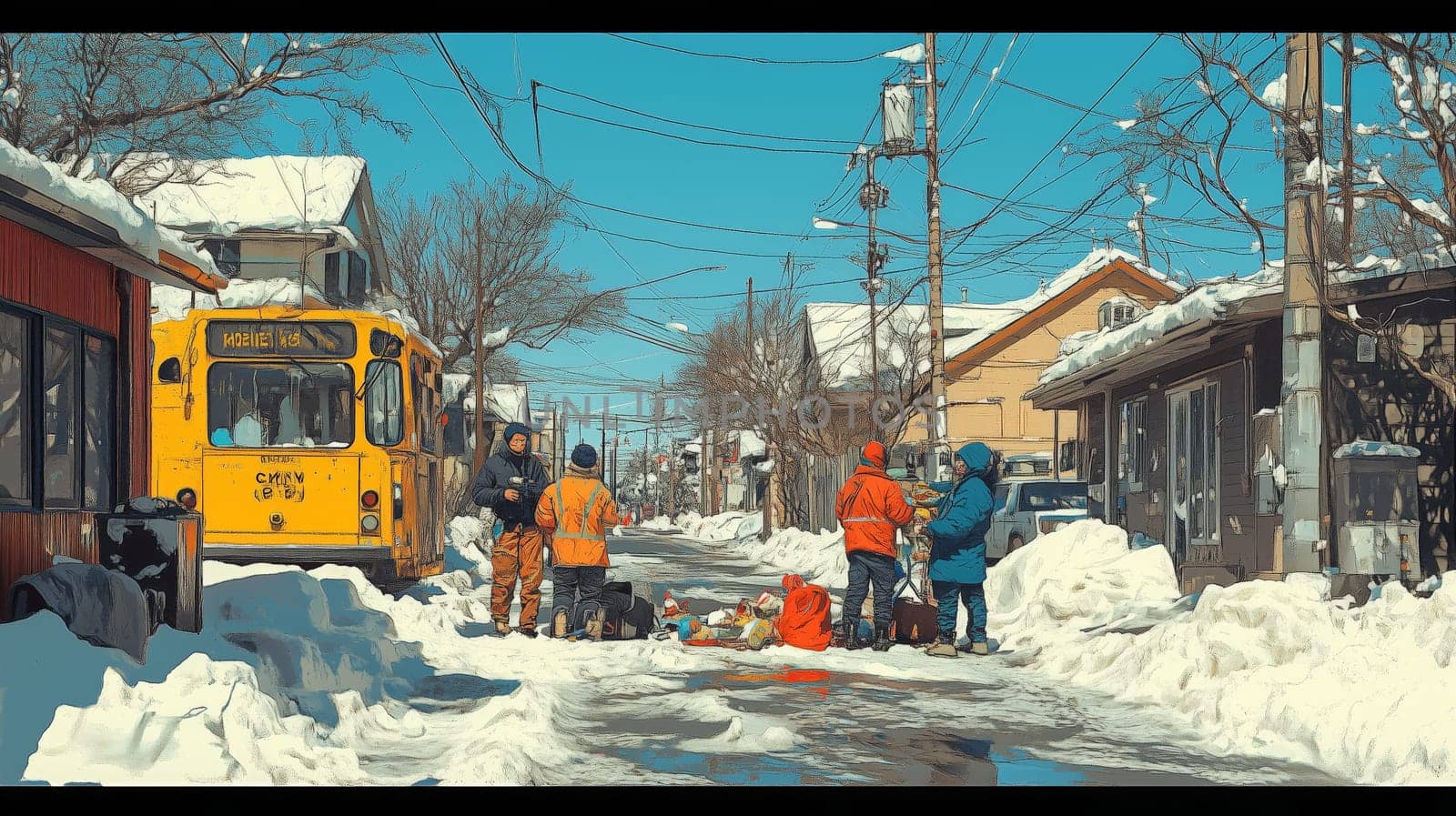 A lively winter village scene with people engaged in daily activities on a snowy street, featuring a bright yellow bus under a clear blue sky